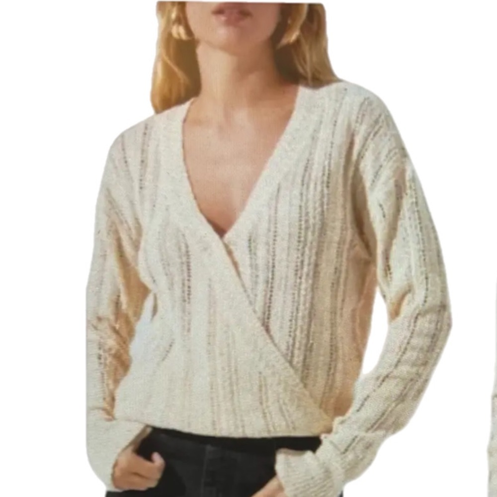Nordstrom ASTR Wrap Front Pointelle Cream V-neck Knit Sweater - Size M